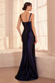 Satin Fitted Corset Slit Gown by Amoris T813 – Navy