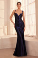 Satin Fitted Corset Slit Gown by Amoris T813 – Navy