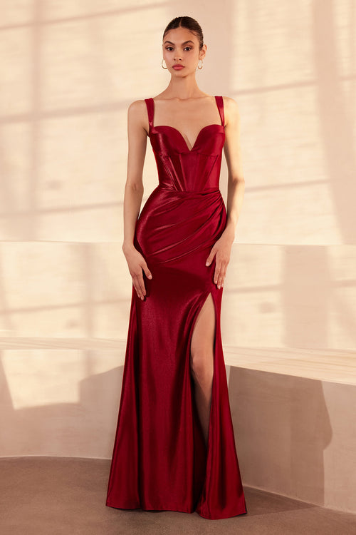 Satin Fitted Corset Slit Gown by Amoris T813 – Navy