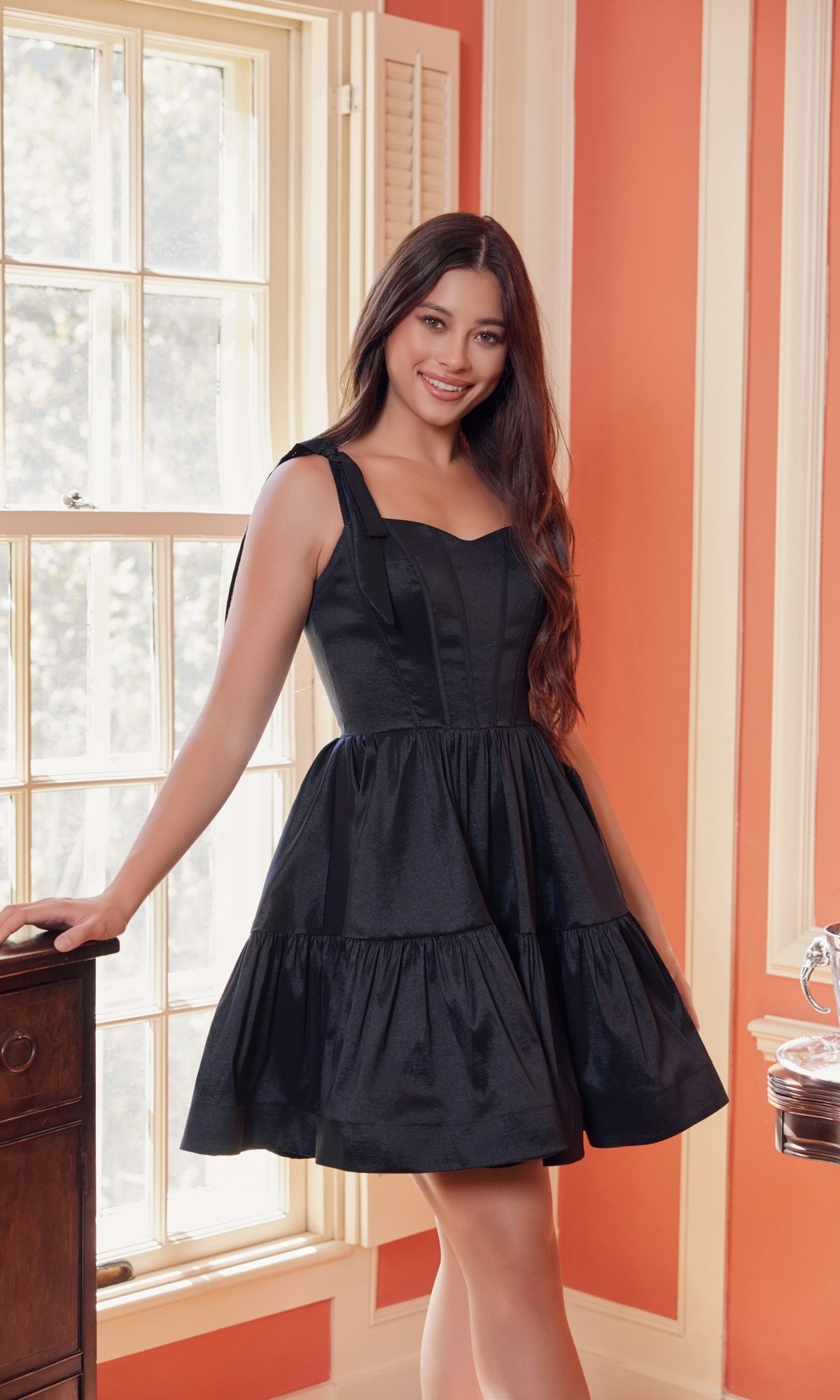 black a line homecoming dress Nox Anabel T869 Short A-Line Homecoming Dress with Tie Shoulders & Corset Black / 2