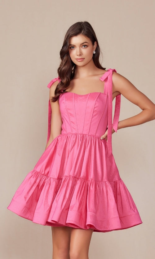 T869 Vestido corto de fiesta de corte A con hombros anudados y corsé