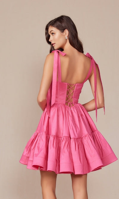 T869 Vestido corto de fiesta de corte A con hombros anudados y corsé
