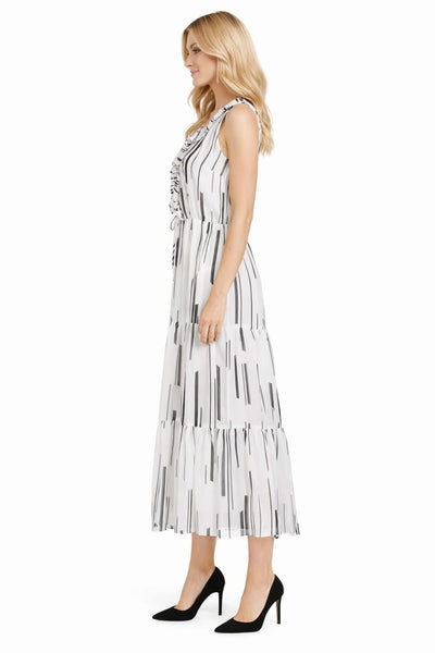 Taylor 1521M Sleeveless Ribbon Tie Ruffled V-Neck Sheer Chiffon Dress