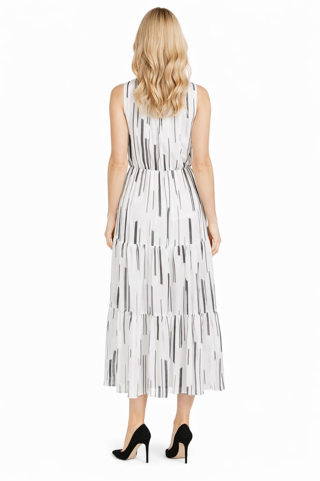 Taylor 1521M Sleeveless Ribbon Tie Ruffled V-Neck Sheer Chiffon Dress