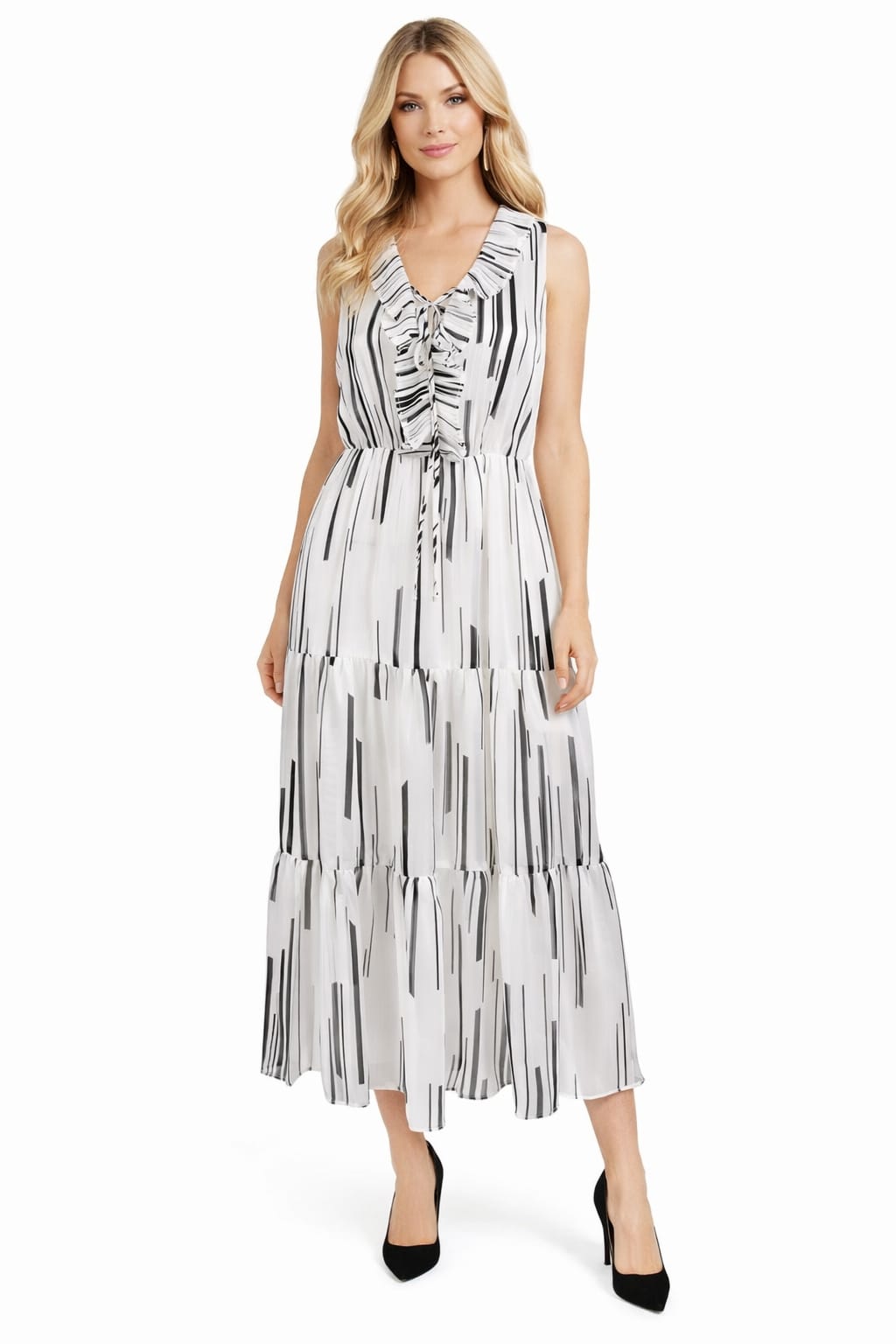 Taylor 1521M Sleeveless Ribbon Tie Ruffled V-Neck Sheer Chiffon Dress