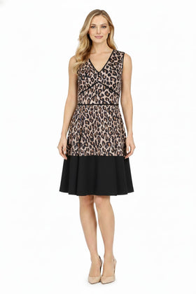 Taylor 1559M Sleeveless V-Neck Leopard Print Pleated A-Line Dress