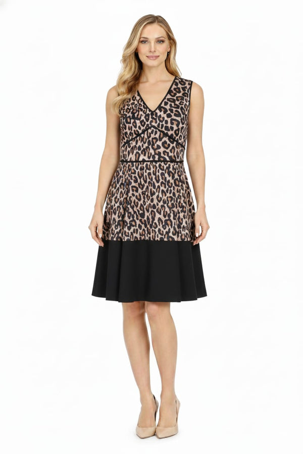 Taylor 1559M Sleeveless V-Neck Leopard Print Pleated A-Line Dress