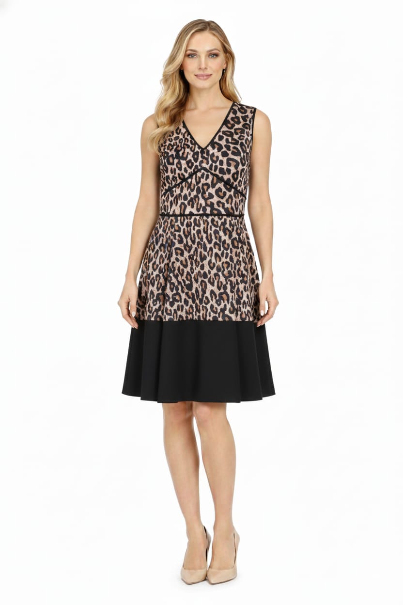 Taylor 1559M Sleeveless V-Neck Leopard Print Pleated A-Line Dress