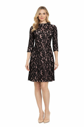 Taylor 5181M Elbow Sleeve High Neck Cotton Lace Overlay A-Line Dress