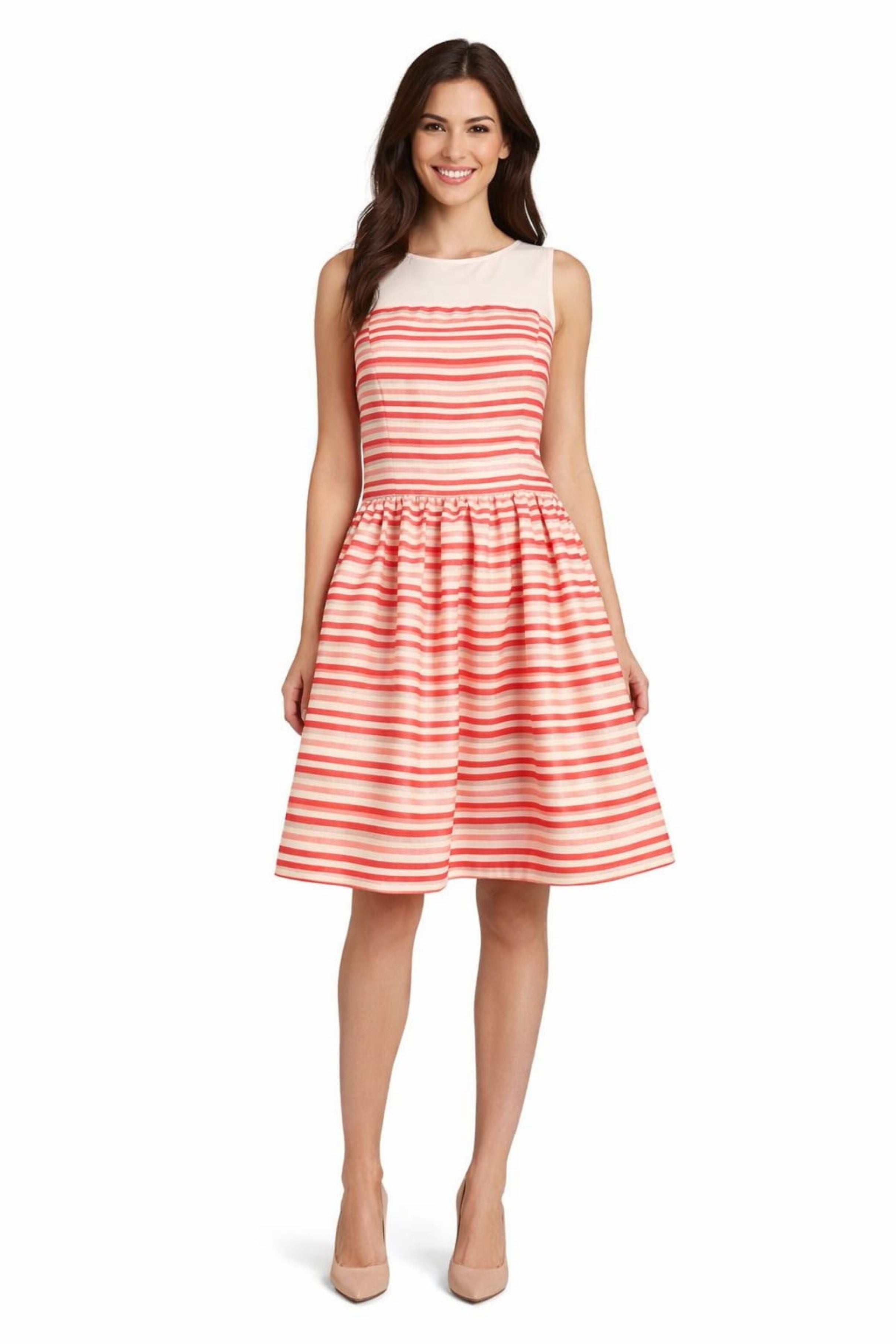 Taylor 5450M Illusion Neckline Striped A-Line Dress POPPY MULTI / 10