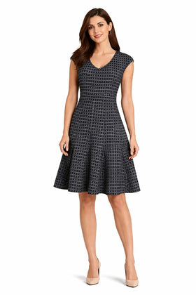 Taylor 5845M Cap Sleeve Zip Back Drop Waist Knit Jacquard Dress