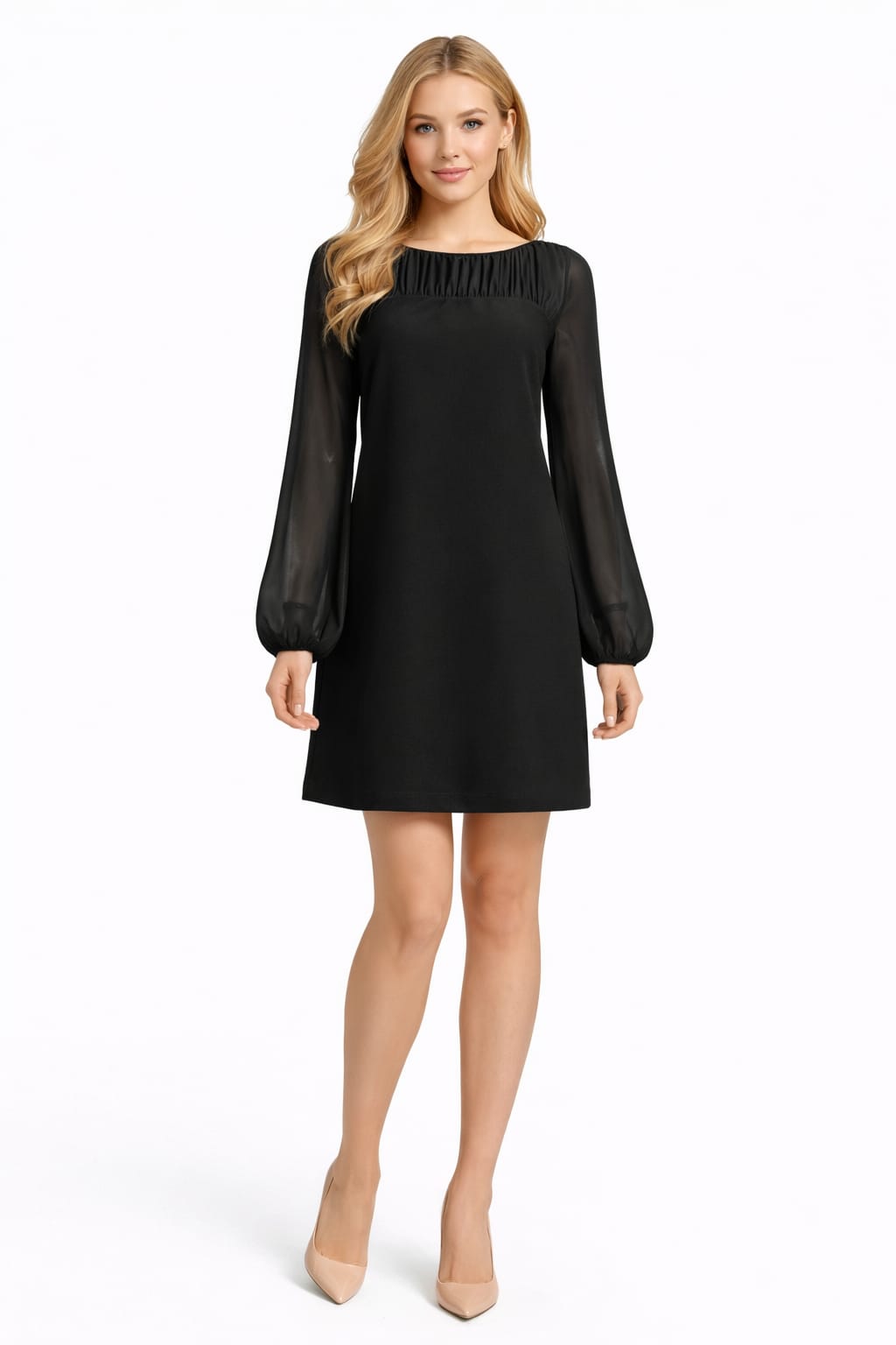 Taylor 5915M Long Sleeve Ruched Neckline Chiffon Shift Party Dress