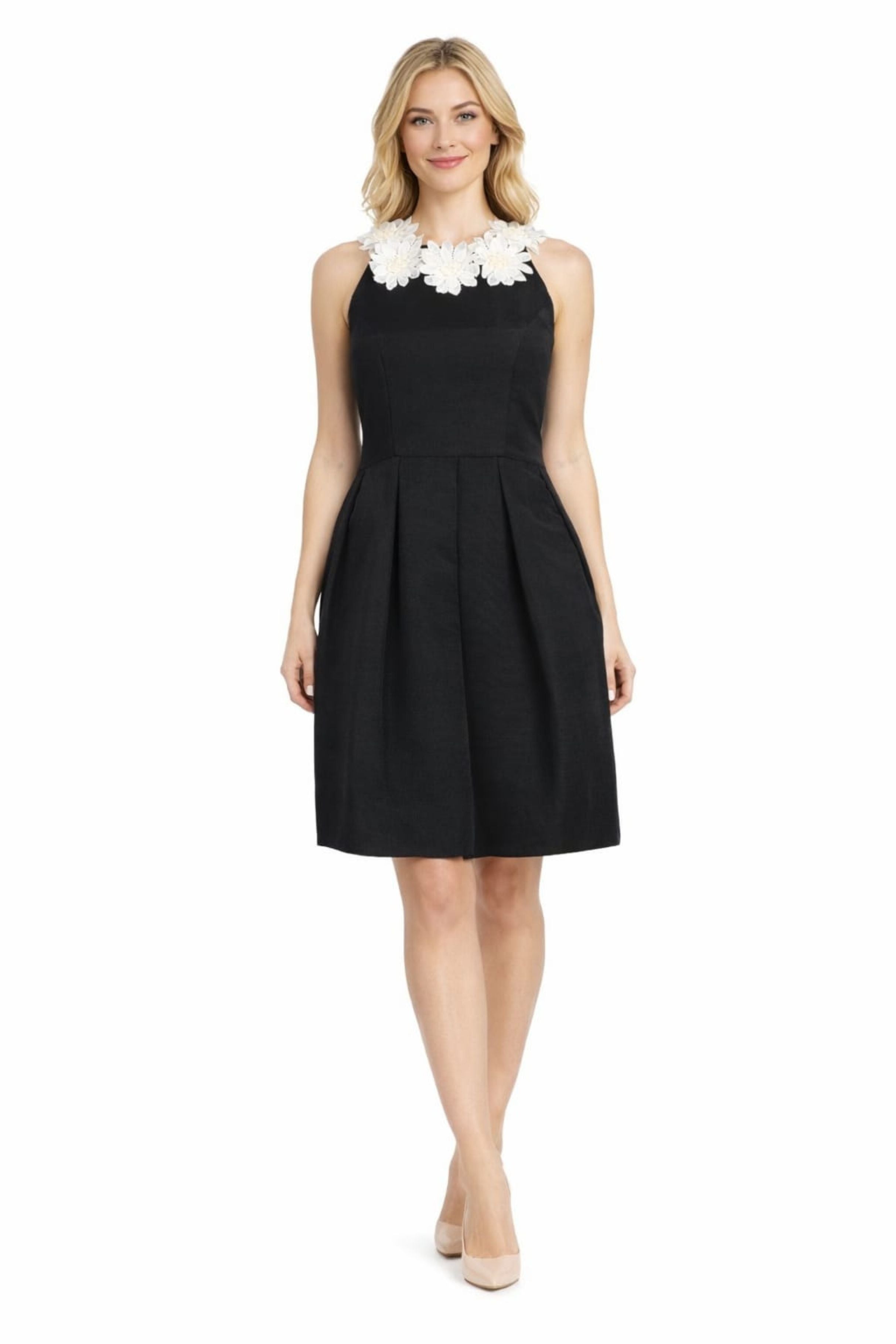 Taylor 8769M Sleeveless Flower Applique Pleated Ottoman Cocktail Dress
