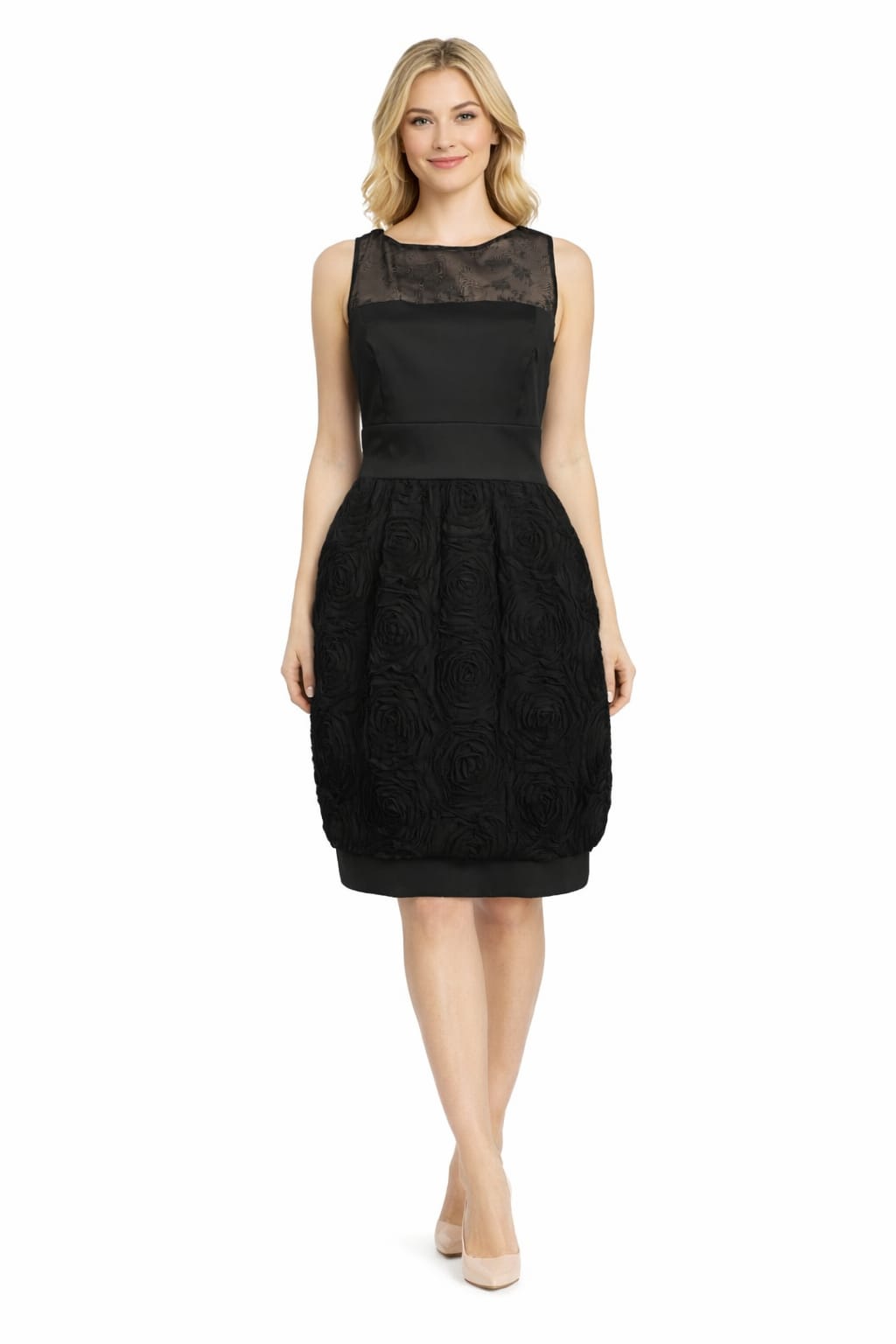 Taylor 9116M Sleeveless Illusion Neckline Satin Rosette Party Dress