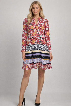Taylor 1317M Floral Print Long Sleeve Split V-Neck Dress