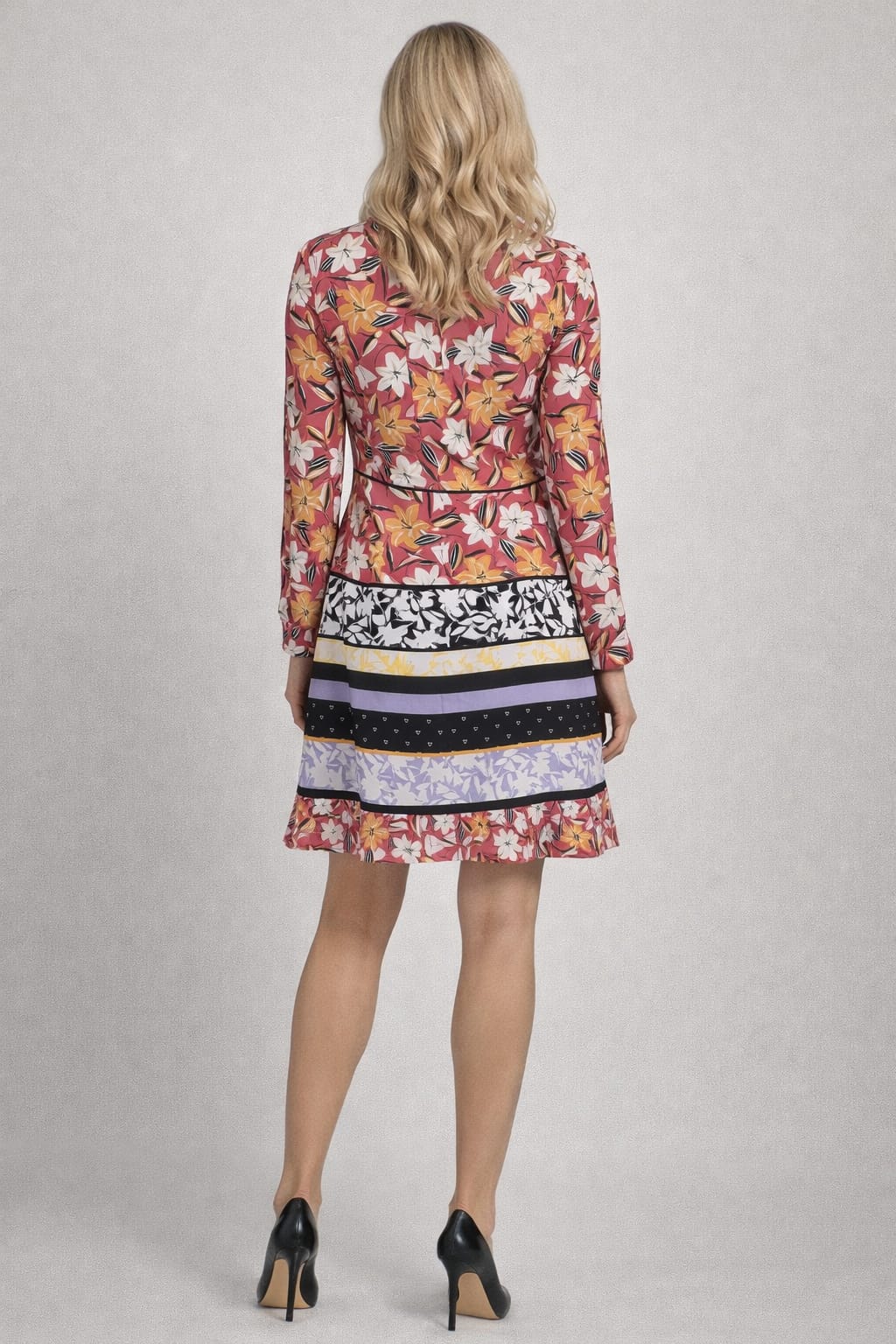 Taylor 1317M Floral Print Long Sleeve Split V-Neck Dress