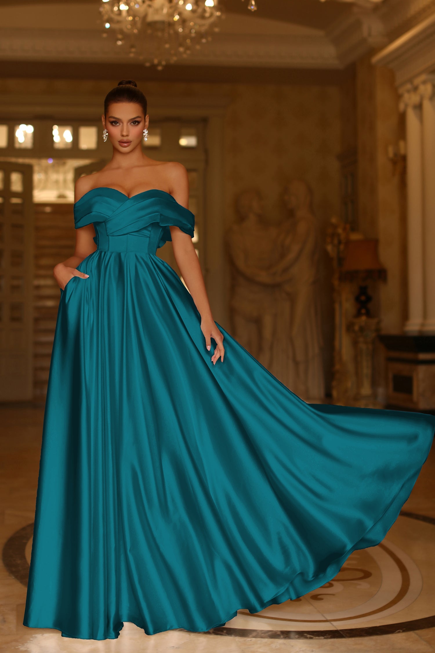 Wedding Prom Off-Shoulder Pleated Pockets Satin Gown TE207 by Tina Holly Turquoise / 18