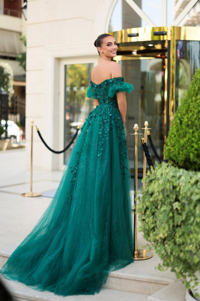 Tina Holly TE231 Prom A-Line Off-Shoulder Plunging 3D Lace Tulle Dress