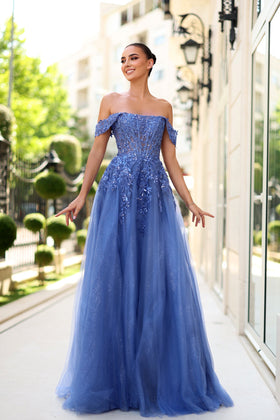 Tina Holly TE232 Prom Ball Off-Shoulder Beaded Tulle Lace Dress