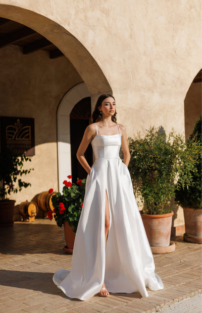 Tina Holly TE305 Wedding A-Line Spaghetti Strap High Slit Satin Dress