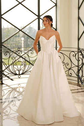 Strapless Corset A-Line Gown Wedding Dress with Pockets and Train Satin Gown by Tina Holly TE704