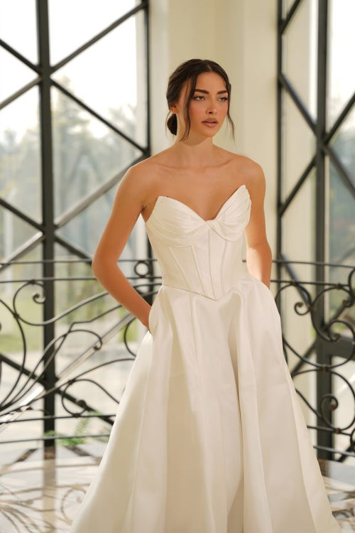 Strapless Corset A-Line Gown Wedding Dress with Pockets and Train Satin Gown by Tina Holly TE704