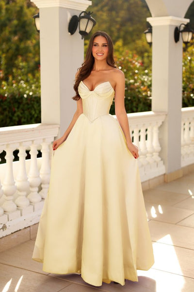 Strapless Sweetheart Corset A-Line Gown Pleated Bustier Satin Prom Dress by Tina Holly TE704P
