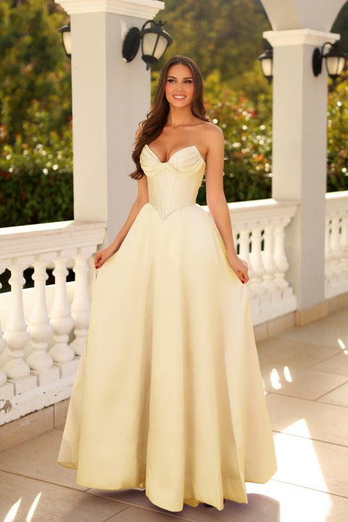 Strapless Sweetheart Corset A-Line Gown Pleated Bustier Satin Prom Dress by Tina Holly TE704P