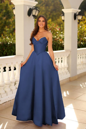 Strapless Sweetheart Corset A-Line Gown Pleated Bustier Satin Prom Dress by Tina Holly TE704P