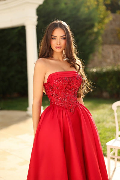 Strapless Sequin Corset A-Line Satin Prom Dress with Slit Formal Evening Gown by Tina Holly TE706