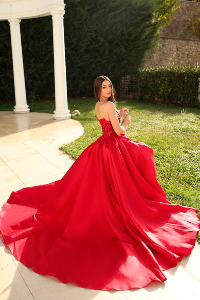 Strapless Sequin Corset A-Line Satin Prom Dress with Slit Formal Evening Gown by Tina Holly TE706