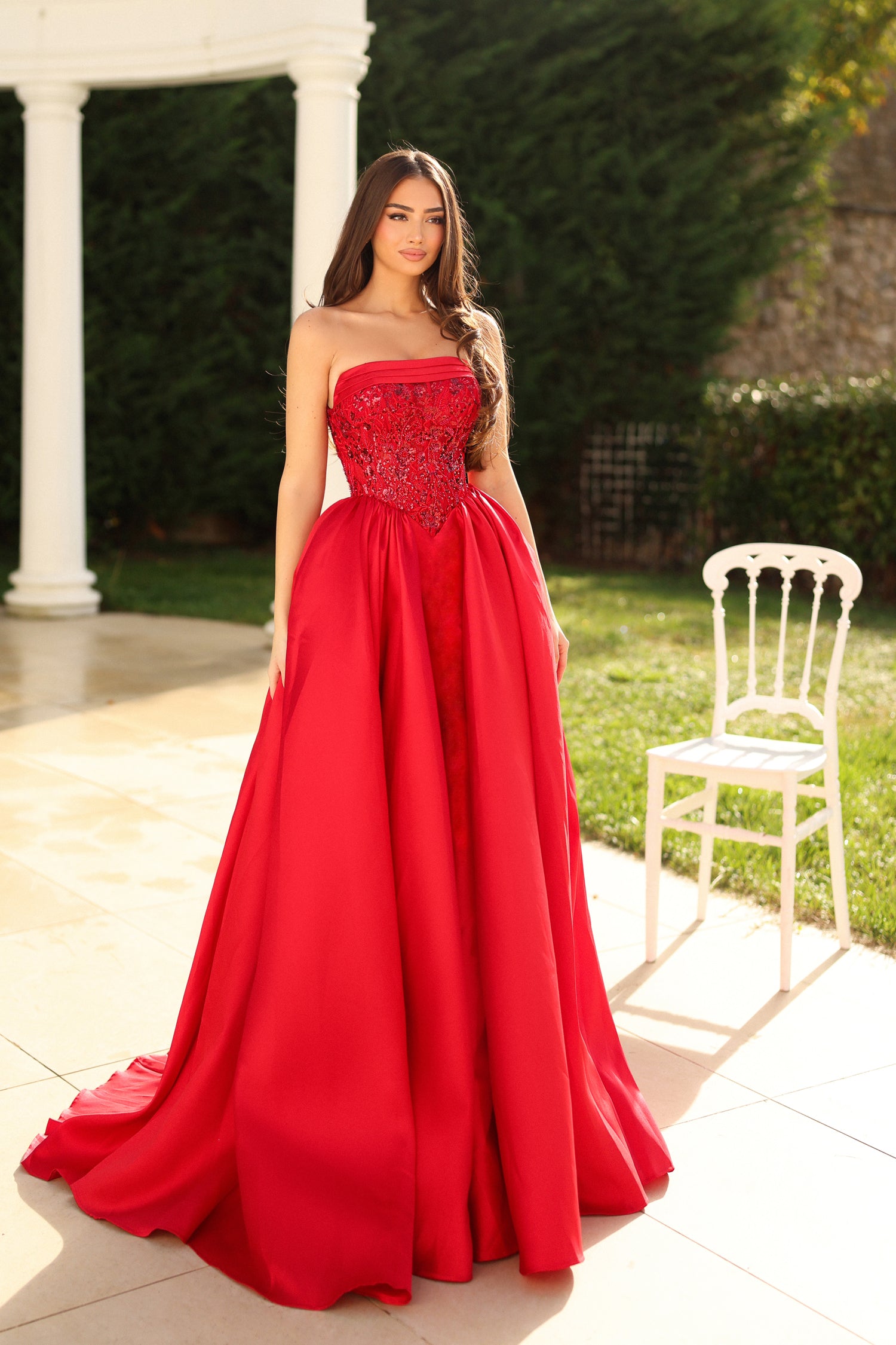Strapless Sequin Corset A-Line Satin Prom Dress with Slit Formal Evening Gown by Tina Holly TE706