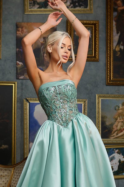 Strapless Sequin Corset A-Line Satin Prom Dress with Slit Formal Evening Gown by Tina Holly TE706