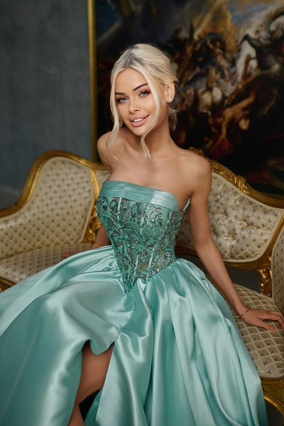 Strapless Sequin Corset A-Line Satin Prom Dress with Slit Formal Evening Gown by Tina Holly TE706