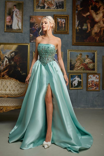 Strapless Sequin Corset A-Line Satin Prom Dress with Slit Formal Evening Gown by Tina Holly TE706
