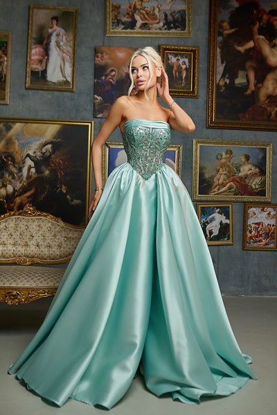 Strapless Sequin Corset A-Line Satin Prom Dress with Slit Formal Evening Gown by Tina Holly TE706