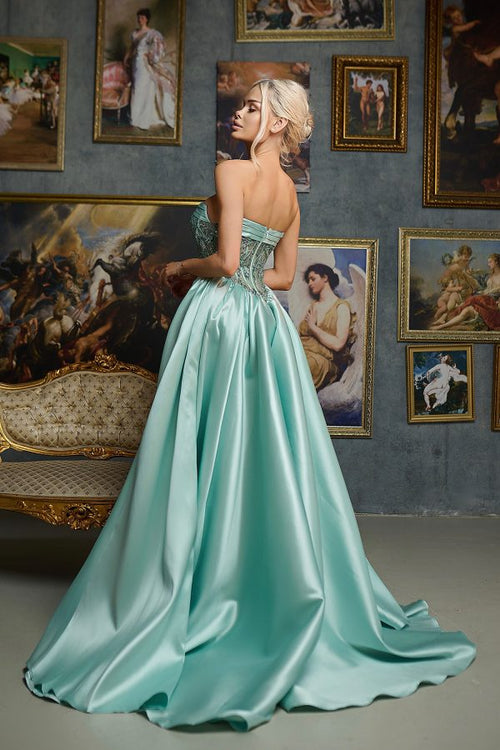 Strapless Sequin Corset A-Line Satin Prom Dress with Slit Formal Evening Gown by Tina Holly TE706