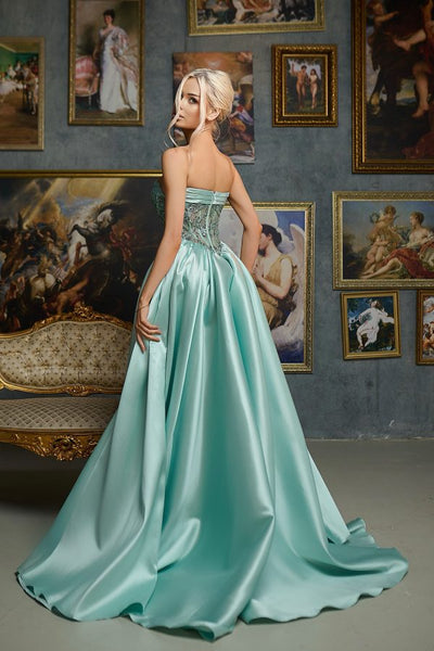 Strapless Sequin Corset A-Line Satin Prom Dress with Slit Formal Evening Gown by Tina Holly TE706