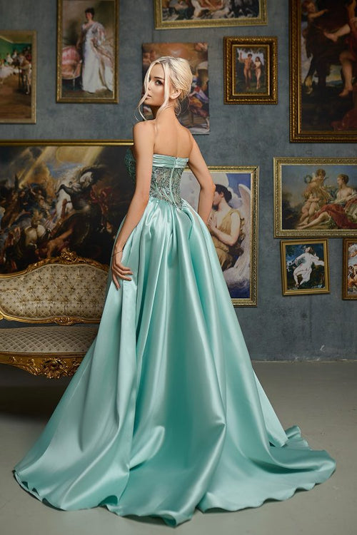 Strapless Sequin Corset A-Line Satin Prom Dress with Slit Formal Evening Gown by Tina Holly TE706