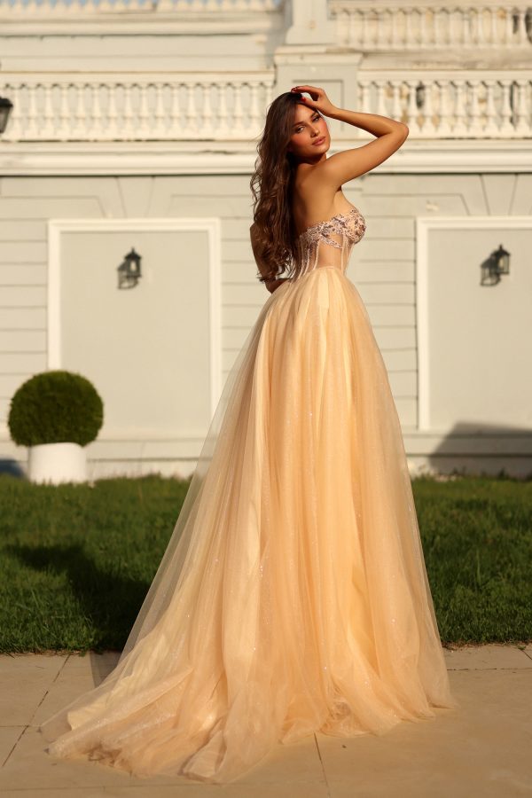 Strapless Sweetheart Corset A-Line Gown Sequin Beaded Illusion Glitter Dress by Tina Holly TE708
