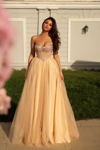 Strapless Sweetheart Corset A-Line Gown Sequin Beaded Illusion Glitter Dress by Tina Holly TE708