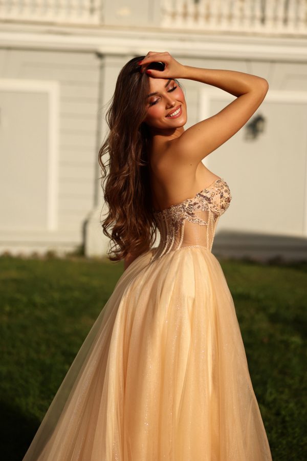 Strapless Sweetheart Corset A-Line Gown Sequin Beaded Illusion Glitter Dress by Tina Holly TE708