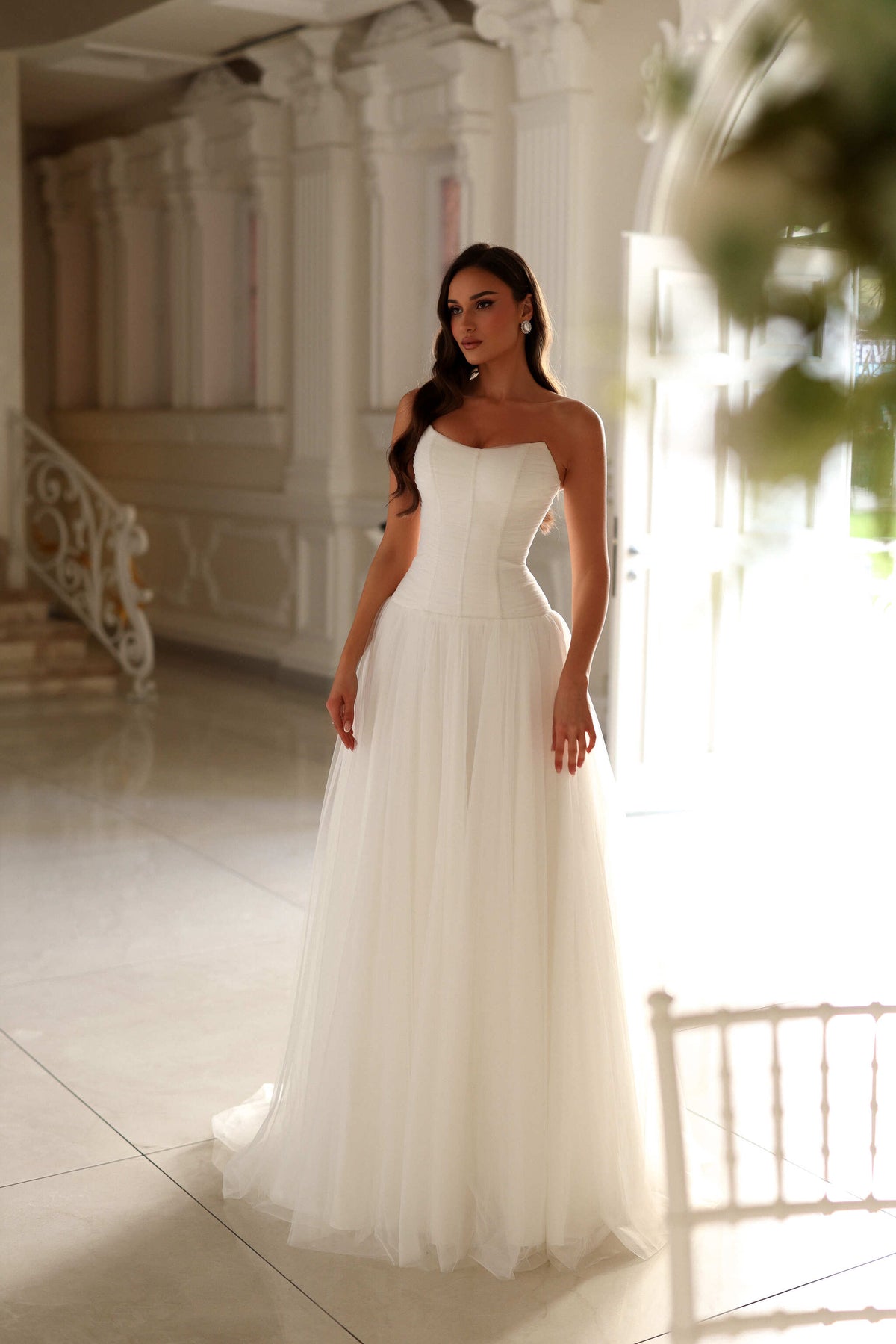 Strapless Corset Bodice Wedding Dress Drop Waist Tulle Bridal Gown with Train by Tina Holly TE710
