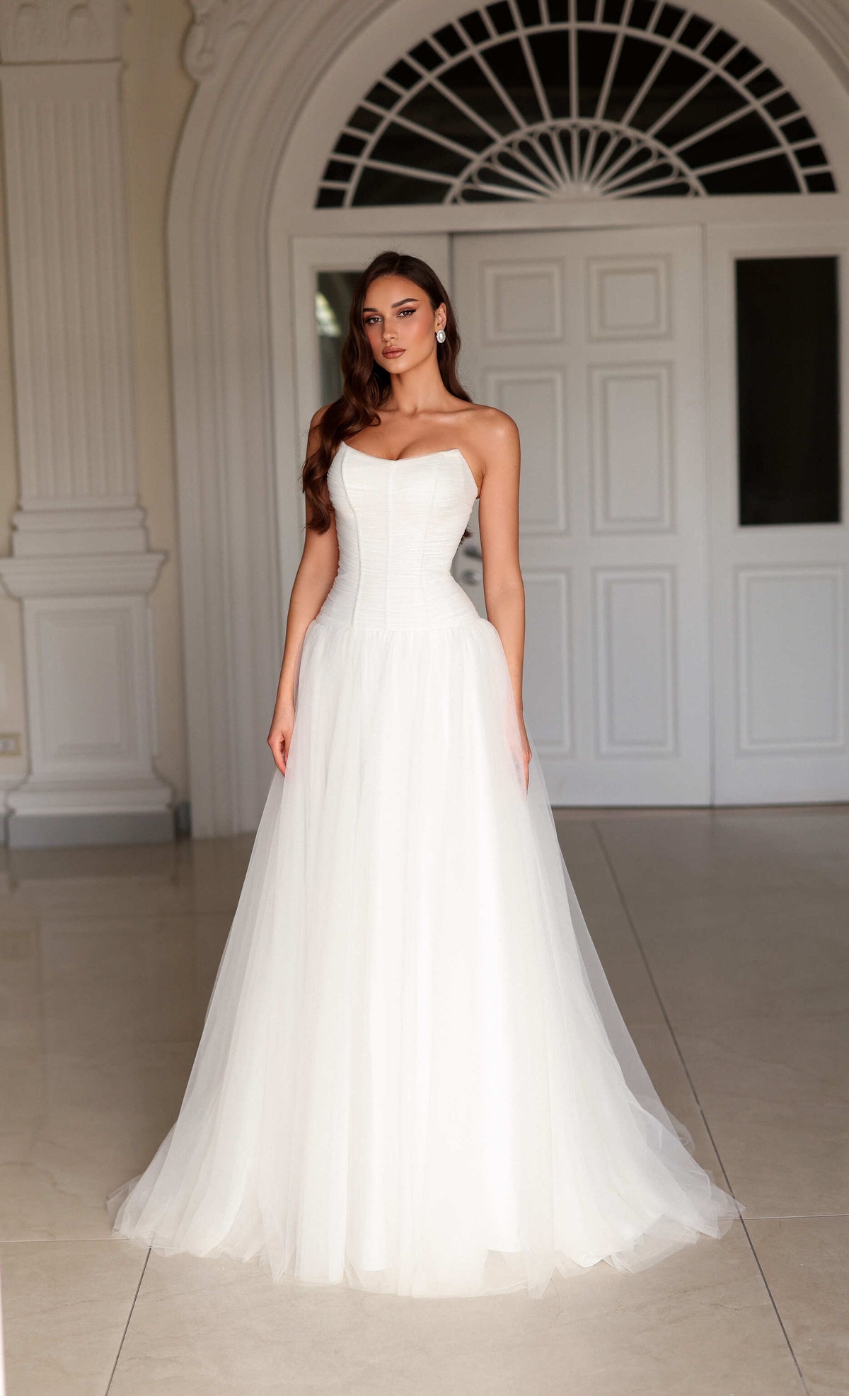 Strapless Corset Bodice Wedding Dress Drop Waist Tulle Bridal Gown with Train by Tina Holly TE710