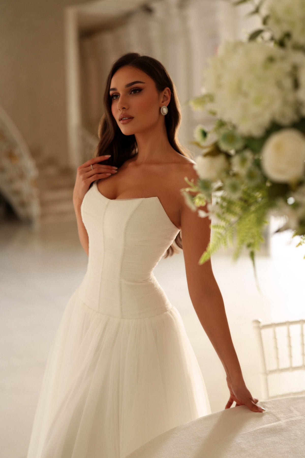 Strapless Corset Bodice Wedding Dress Drop Waist Tulle Bridal Gown with Train by Tina Holly TE710