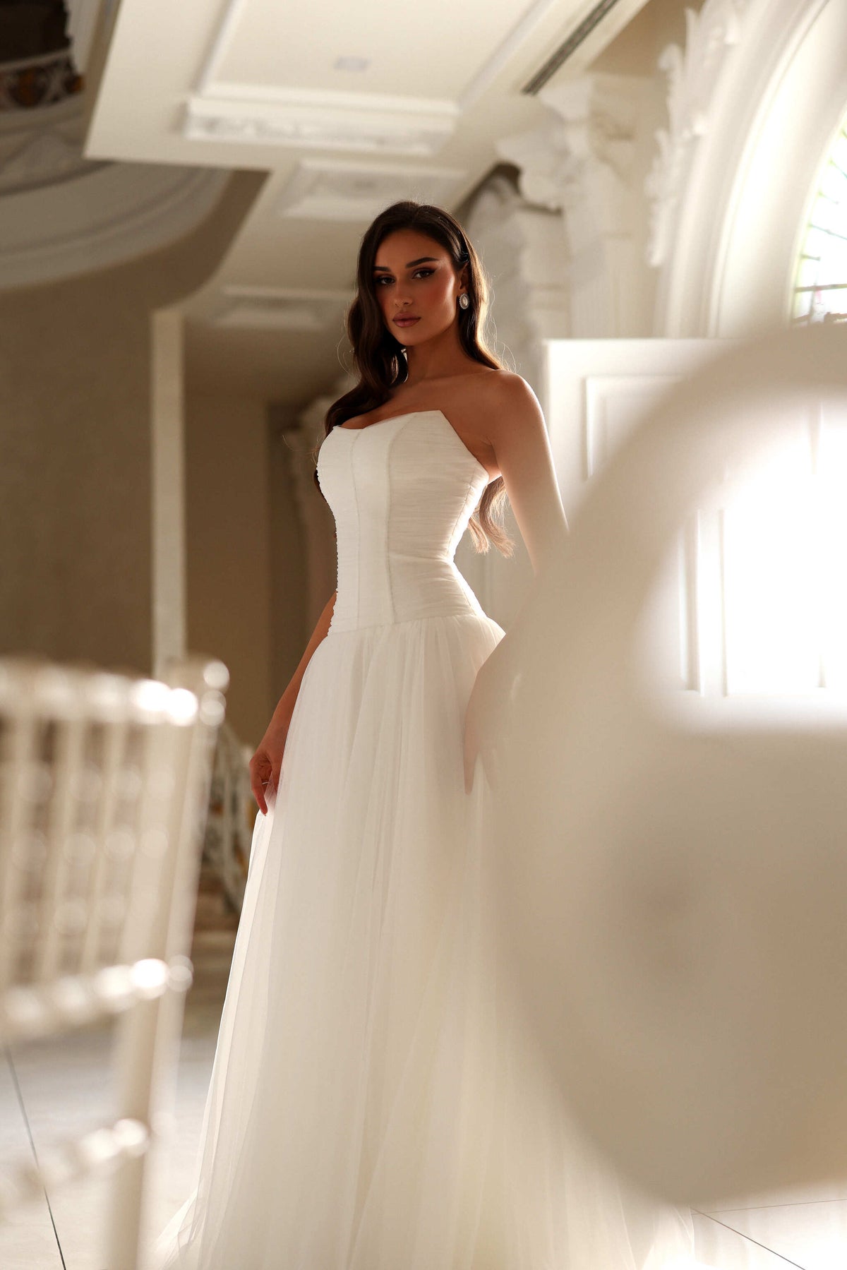 Strapless Corset Bodice Wedding Dress Drop Waist Tulle Bridal Gown with Train by Tina Holly TE710