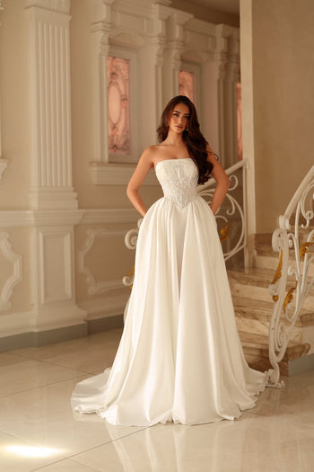 Off-White Strapless Corset Wedding Dress with Beaded Lace Bodice and Satin A-Line Skirt by Tina Holly TE711
