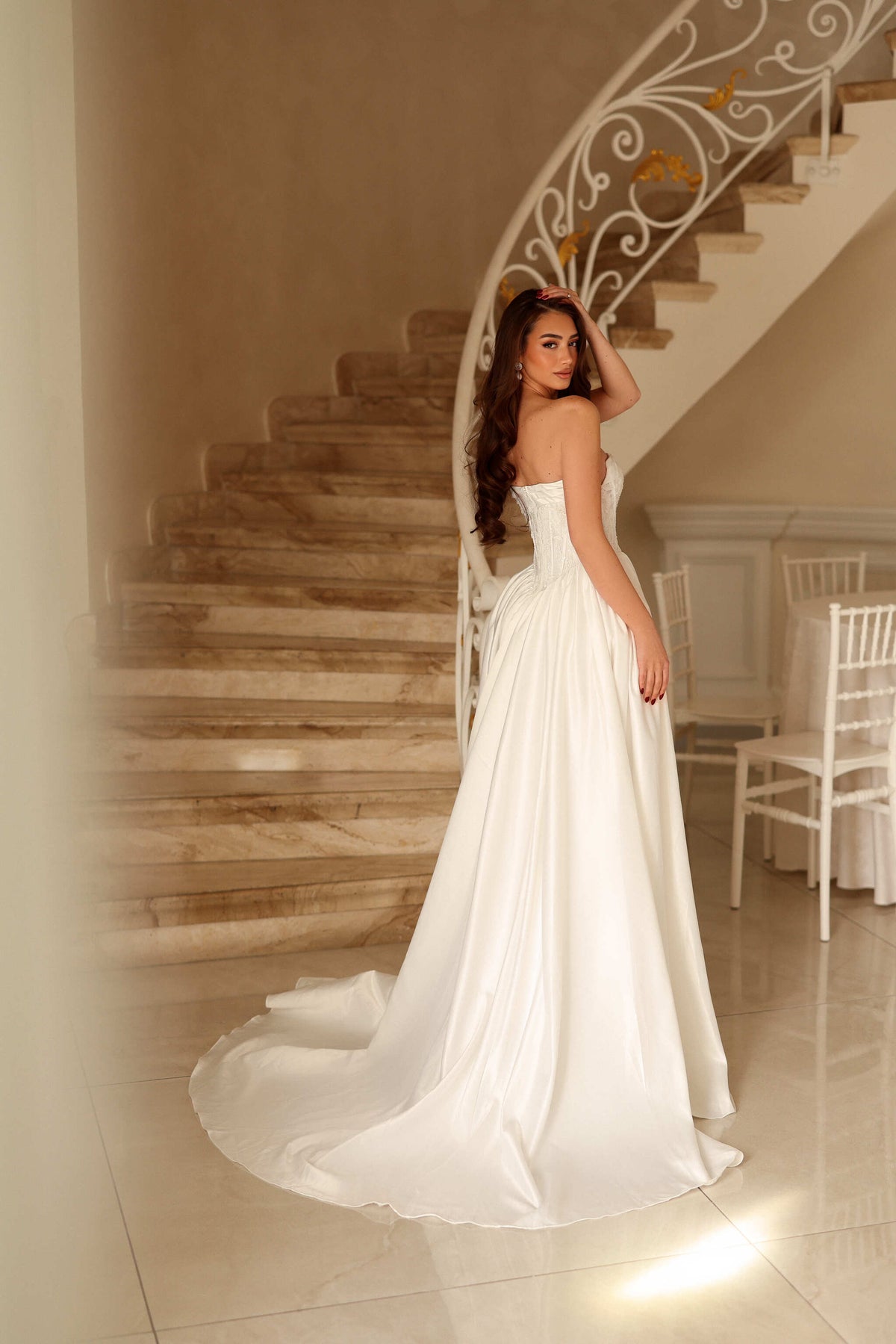 Off-White Strapless Corset Wedding Dress with Beaded Lace Bodice and Satin A-Line Skirt by Tina Holly TE711