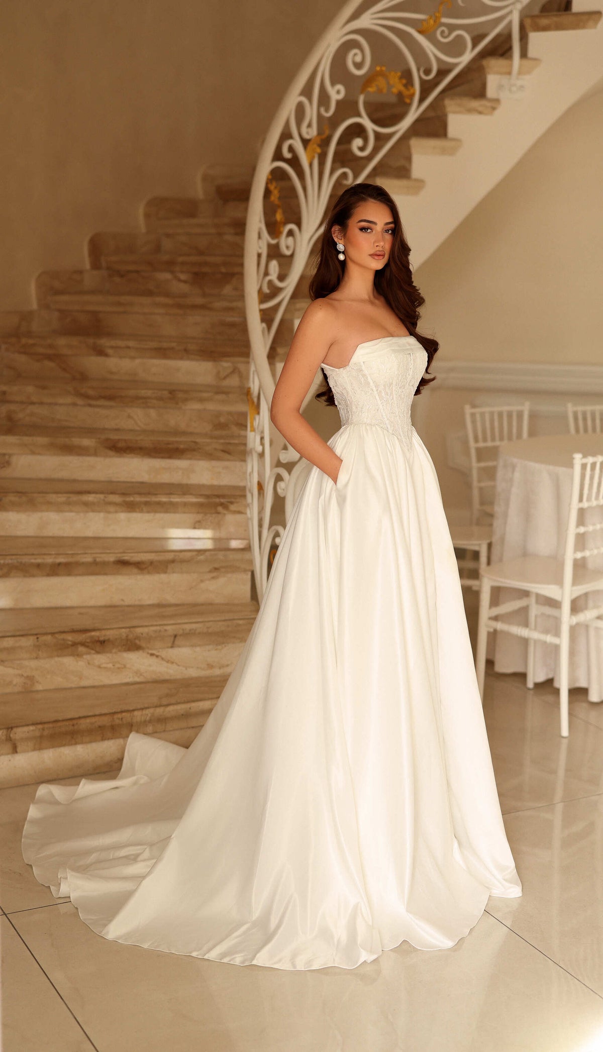 Off-White Strapless Corset Wedding Dress with Beaded Lace Bodice and Satin A-Line Skirt by Tina Holly TE711