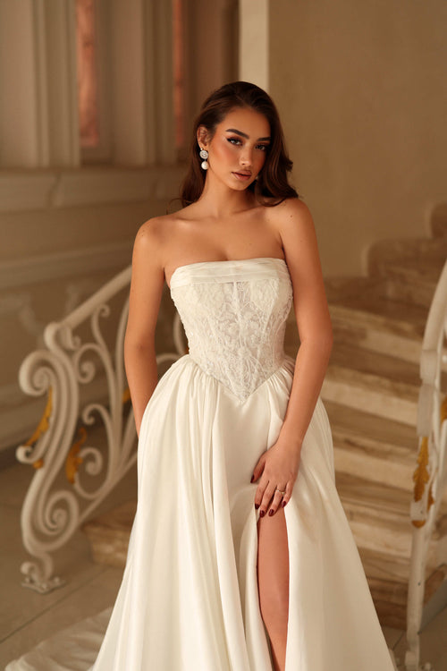 Off-White Strapless Corset Wedding Dress with Beaded Lace Bodice and Satin A-Line Skirt by Tina Holly TE711